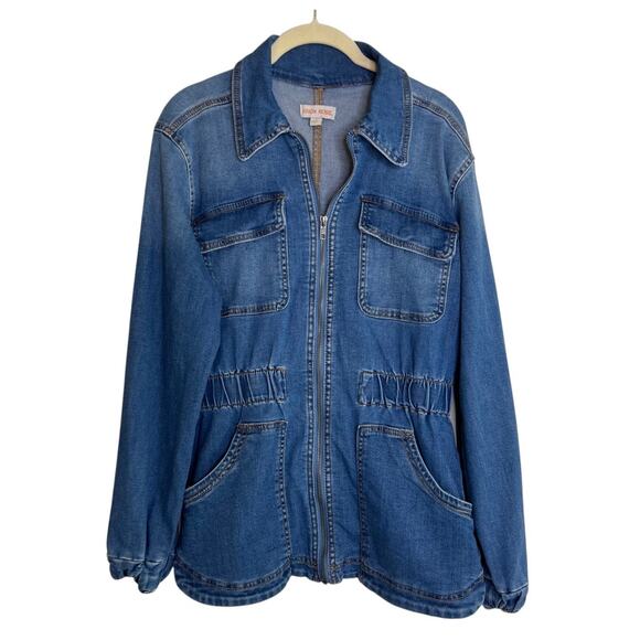 Knox Rose Denim Utility Jacket Womens Small Blue Zip Front Elastic Waist - Picture 1 of 5
